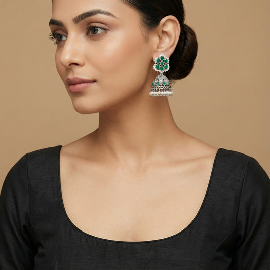 Zarina Green Kundan Jhumka Earrings