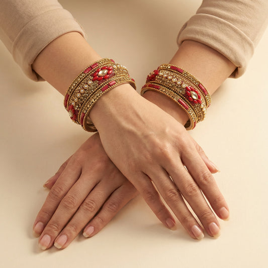 Crimson Gilded Bangles - Set of 6