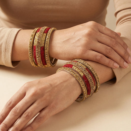 Crimson Kundan Bangles - Set of 6
