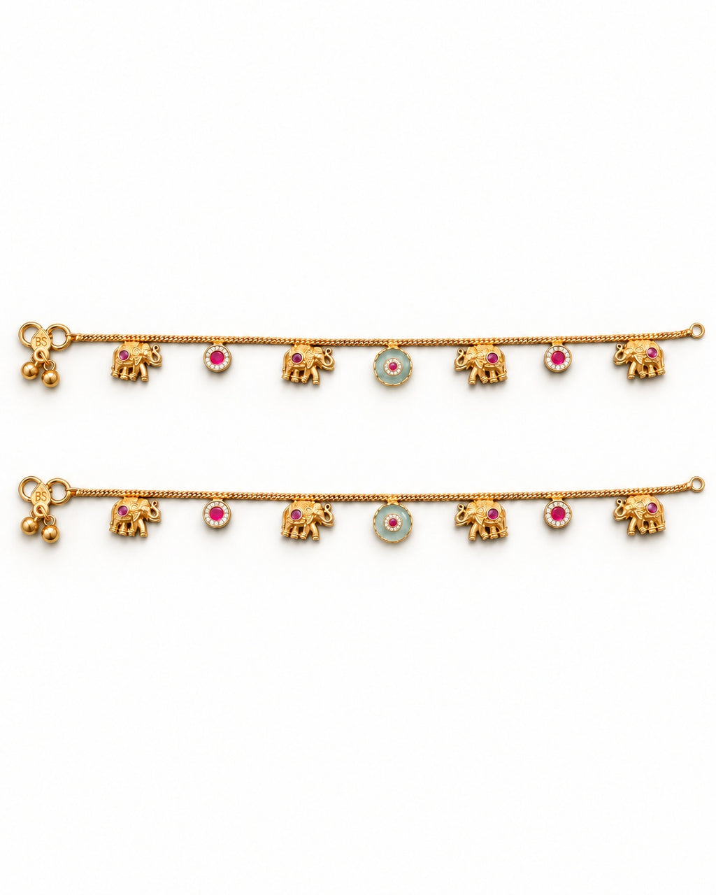 Marigold Bloom matching gold-tone anklet pair laid flat with elephant charms and pink and teal accents