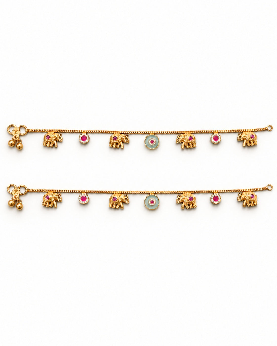 Marigold Bloom matching gold-tone anklet pair laid flat with elephant charms and pink and teal accents