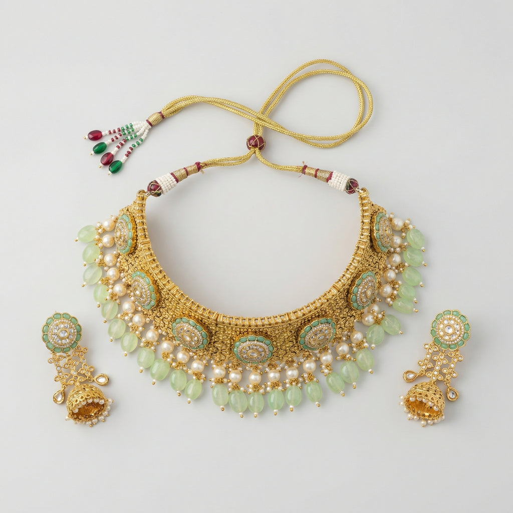 Detail flatlay of the gold-tone mint choker and matching earrings with mint accents