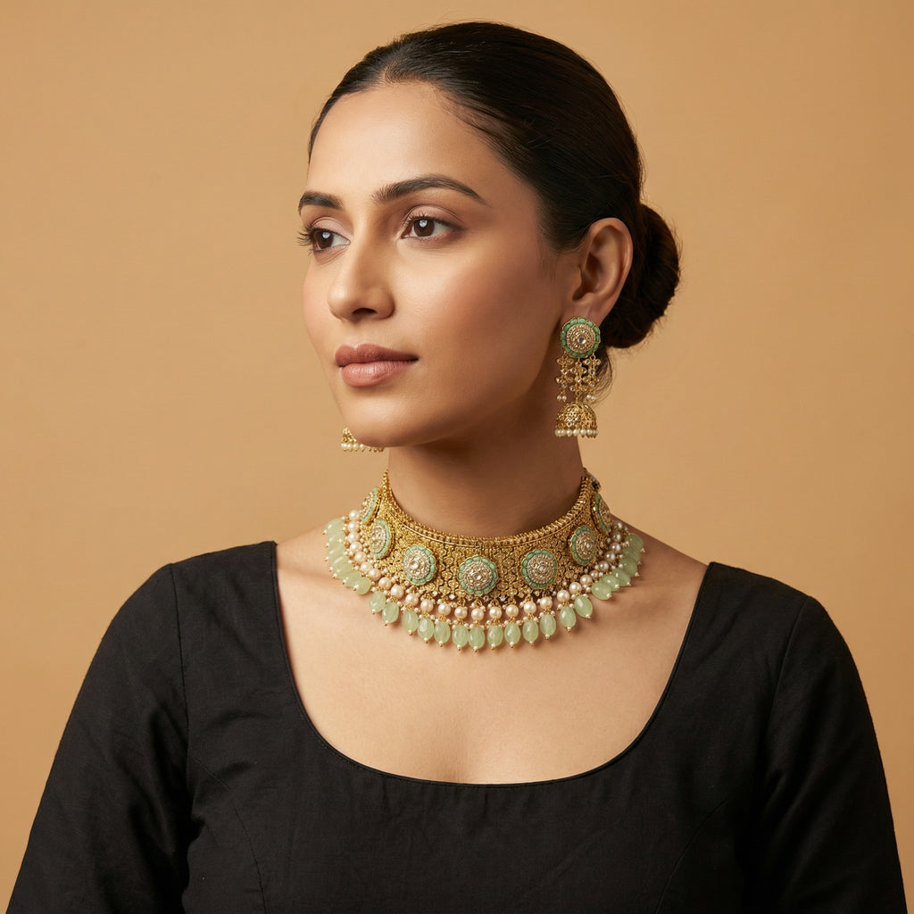 South Asian woman wearing the gold-tone mint choker with matching earrings — bridal look