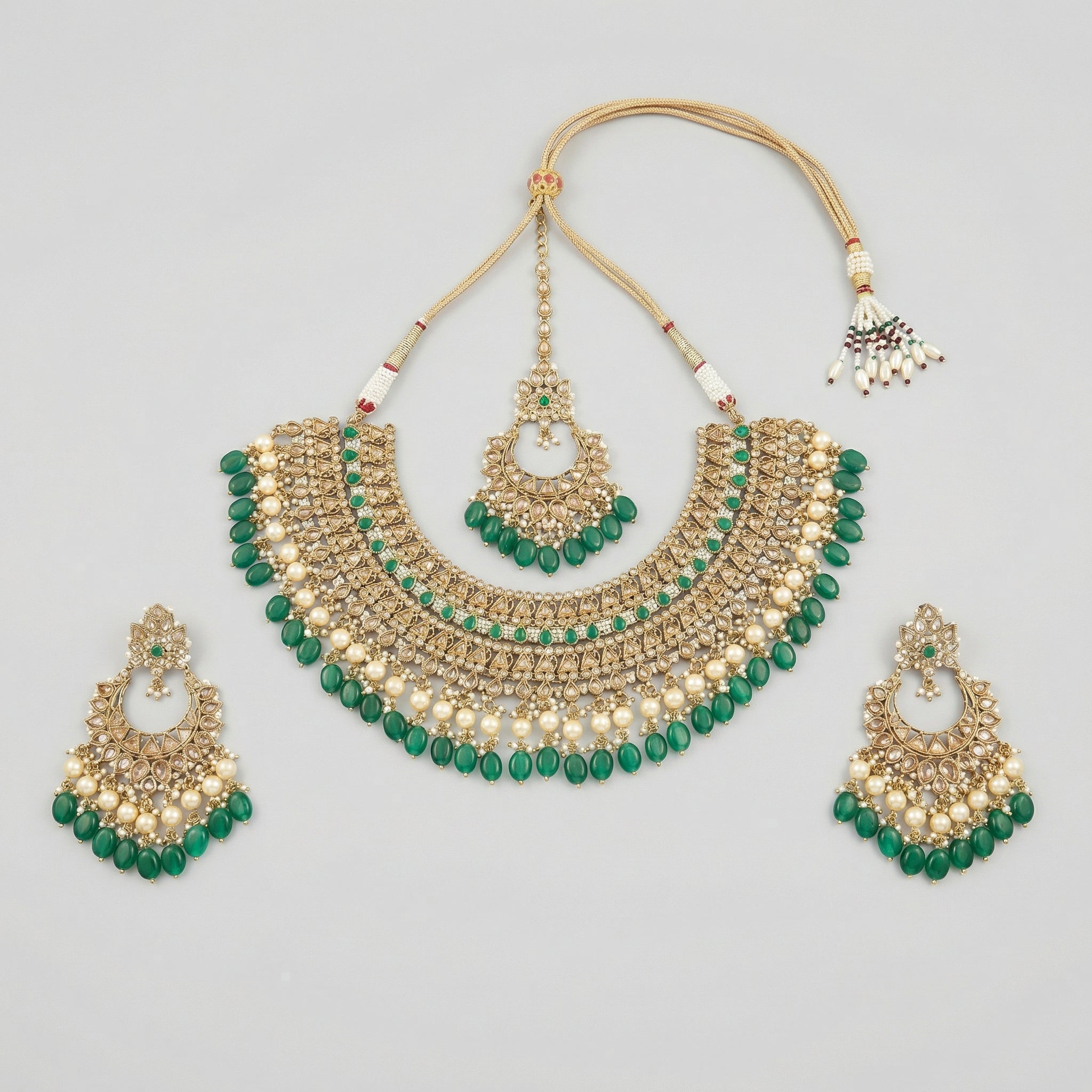 Royal Emerald Necklace Set gold kundan bib with emerald fringe chandbali earrings and maang tikka