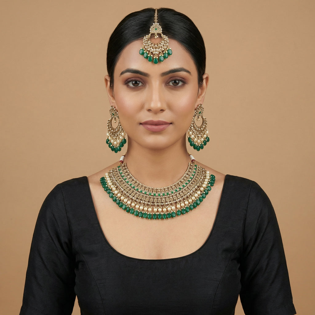 Royal Emerald Necklace Set detail showing polki bib tiers and emerald teardrop fringe