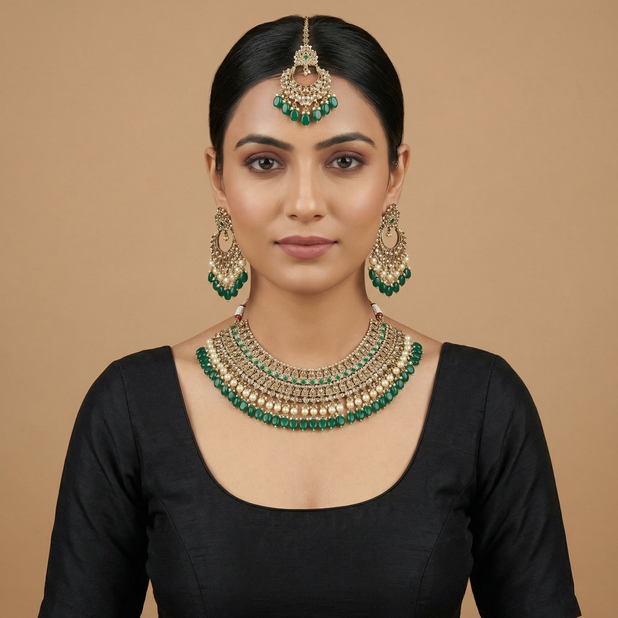 Royal Emerald Necklace Set detail showing polki bib tiers and emerald teardrop fringe