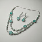 Teal Layered Necklace Set silver double-strand mint-green halo necklace with drop earrings