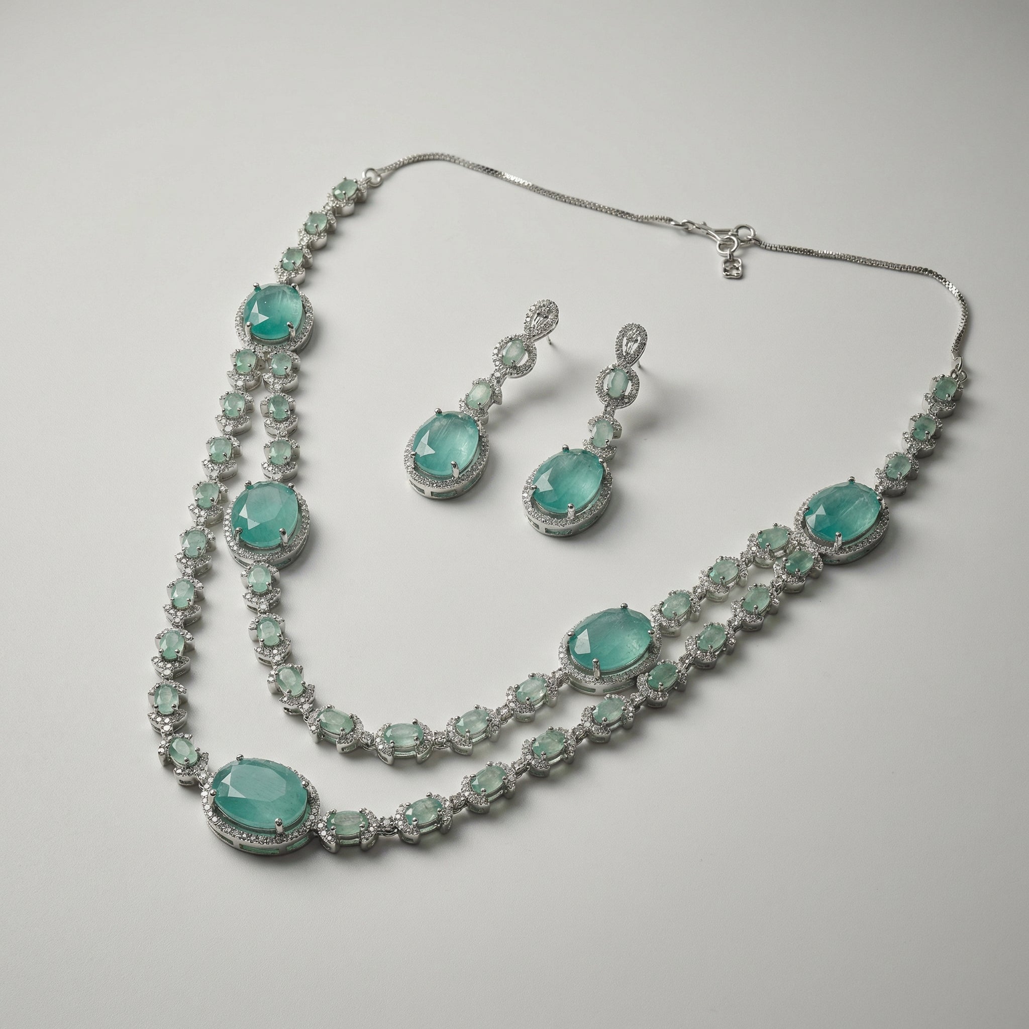 Teal Layered Necklace Set silver double-strand mint-green halo necklace with drop earrings