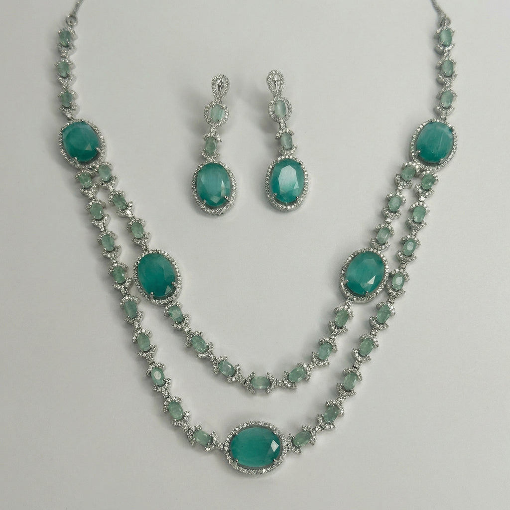 Teal Layered Necklace Set detail showing oval mint stones and pave halo settings
