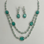 Teal Layered Necklace Set detail showing oval mint stones and pave halo settings