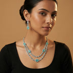 Teal Layered Necklace Set detail showing oval mint stones and pave halo settings