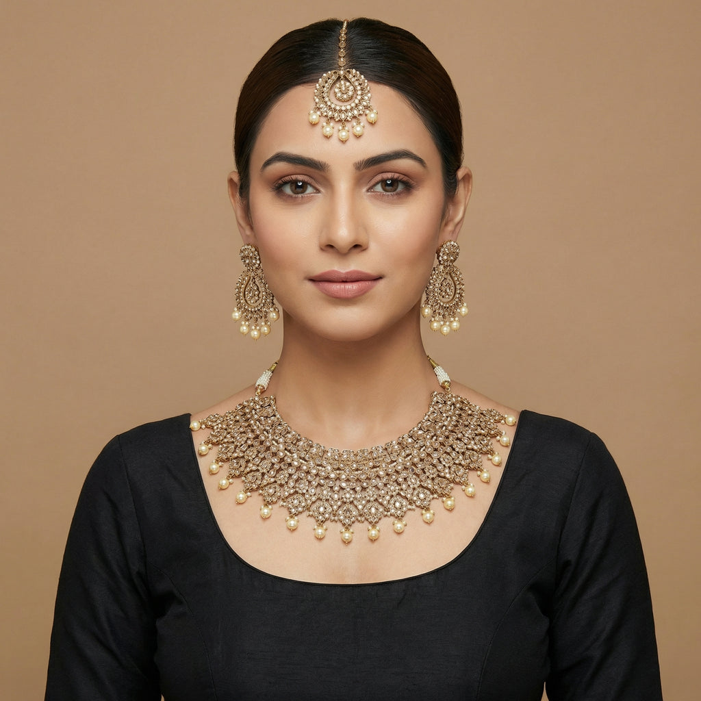 Maharani Kundan Set detail showing clear floral kundan motifs and pearl fringe
