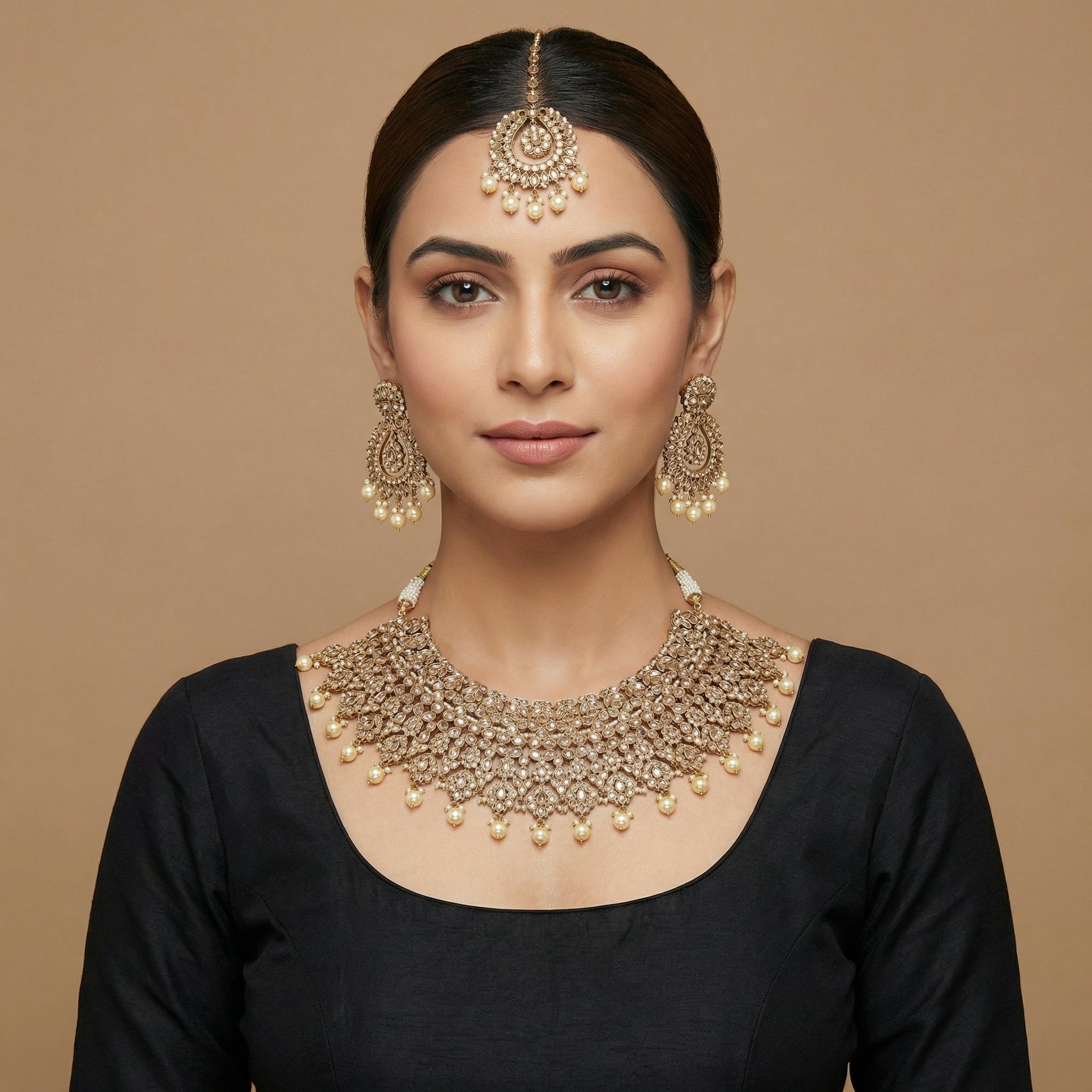 Maharani Kundan Set detail showing clear floral kundan motifs and pearl fringe