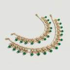 Emerald Pearl Anklets detail showing kundan ovals emerald beads and pearl strand