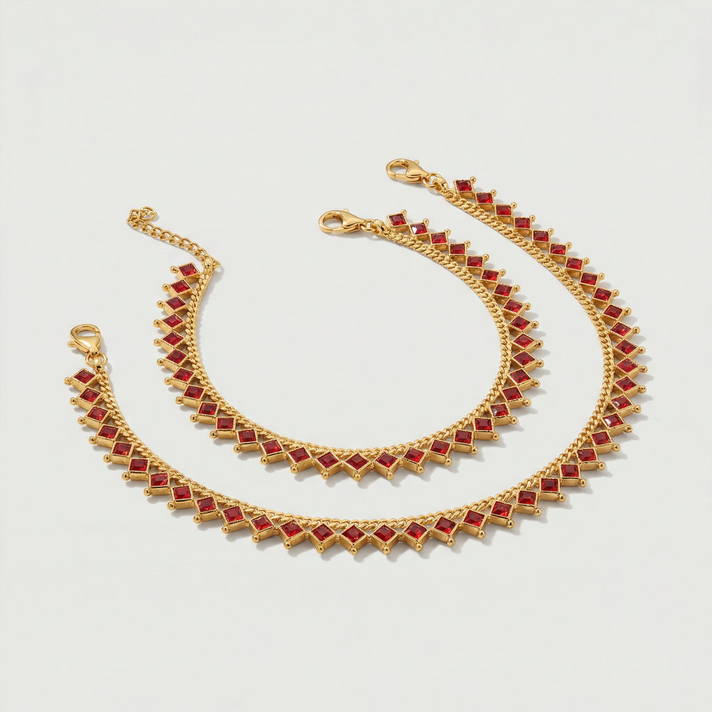 Crimson Gold Payal close-up of prong-set red stones and lobster clasp
