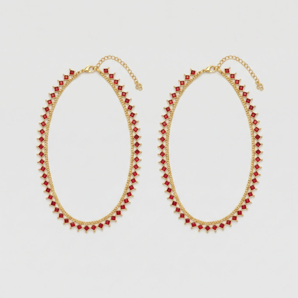 Crimson Gold Payal pair of gold-tone payals with square red gemstones and extender chain