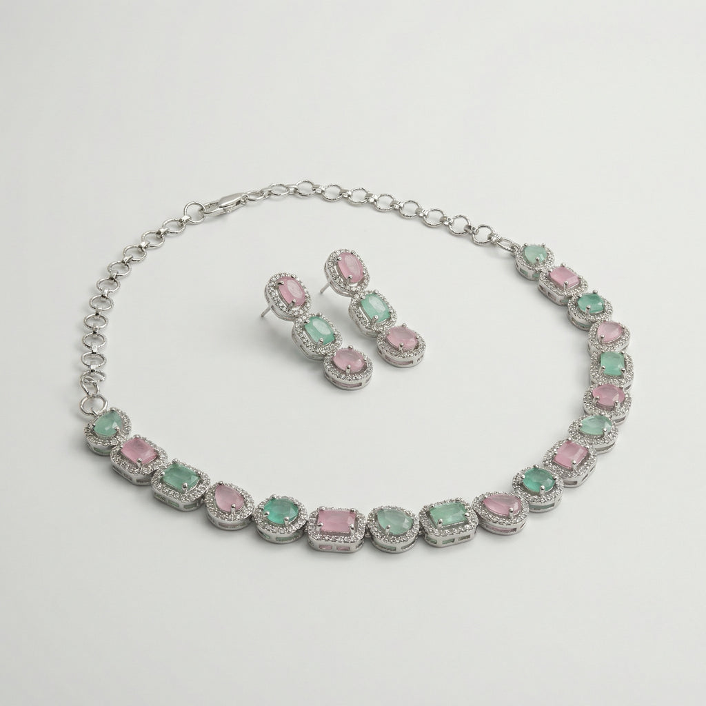 Anya Rose Mint Set detail showing pastel pink and mint green gemstone halos