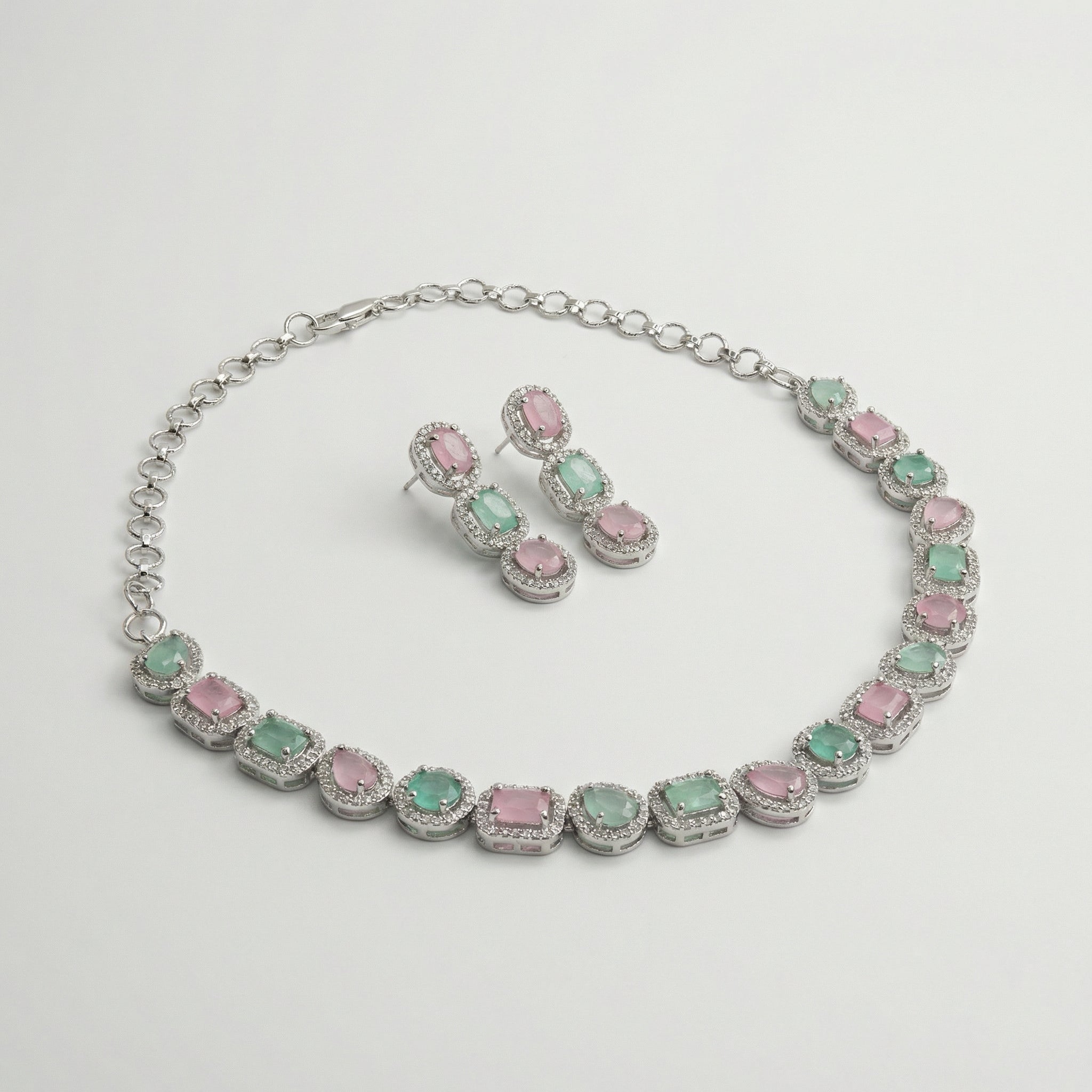 Anya Rose Mint Set detail showing pastel pink and mint green gemstone halos