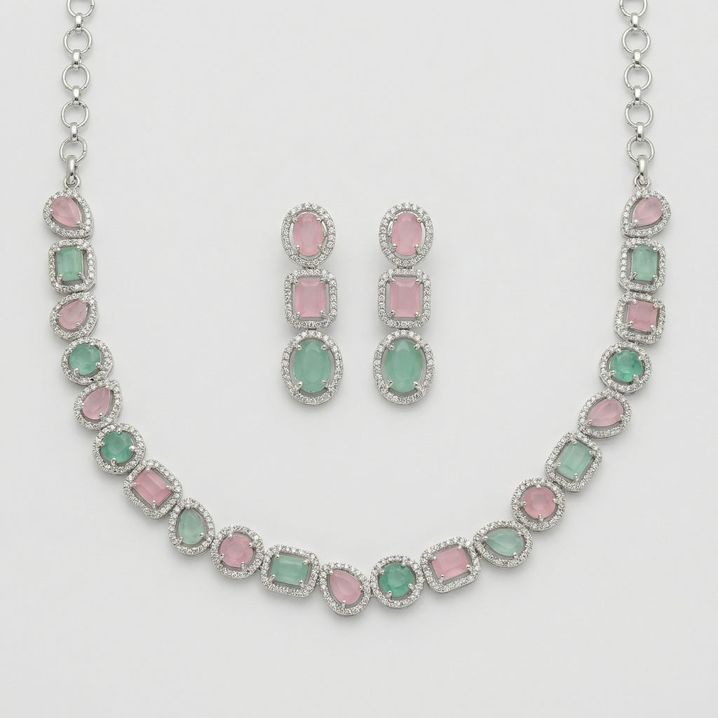 Anya Rose Mint Set silver collar necklace with pink and mint halo stones and matching earrings