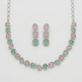 Anya Rose Mint Set silver collar necklace with pink and mint halo stones and matching earrings