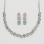 Anya Rose Mint Set silver collar necklace with pink and mint halo stones and matching earrings