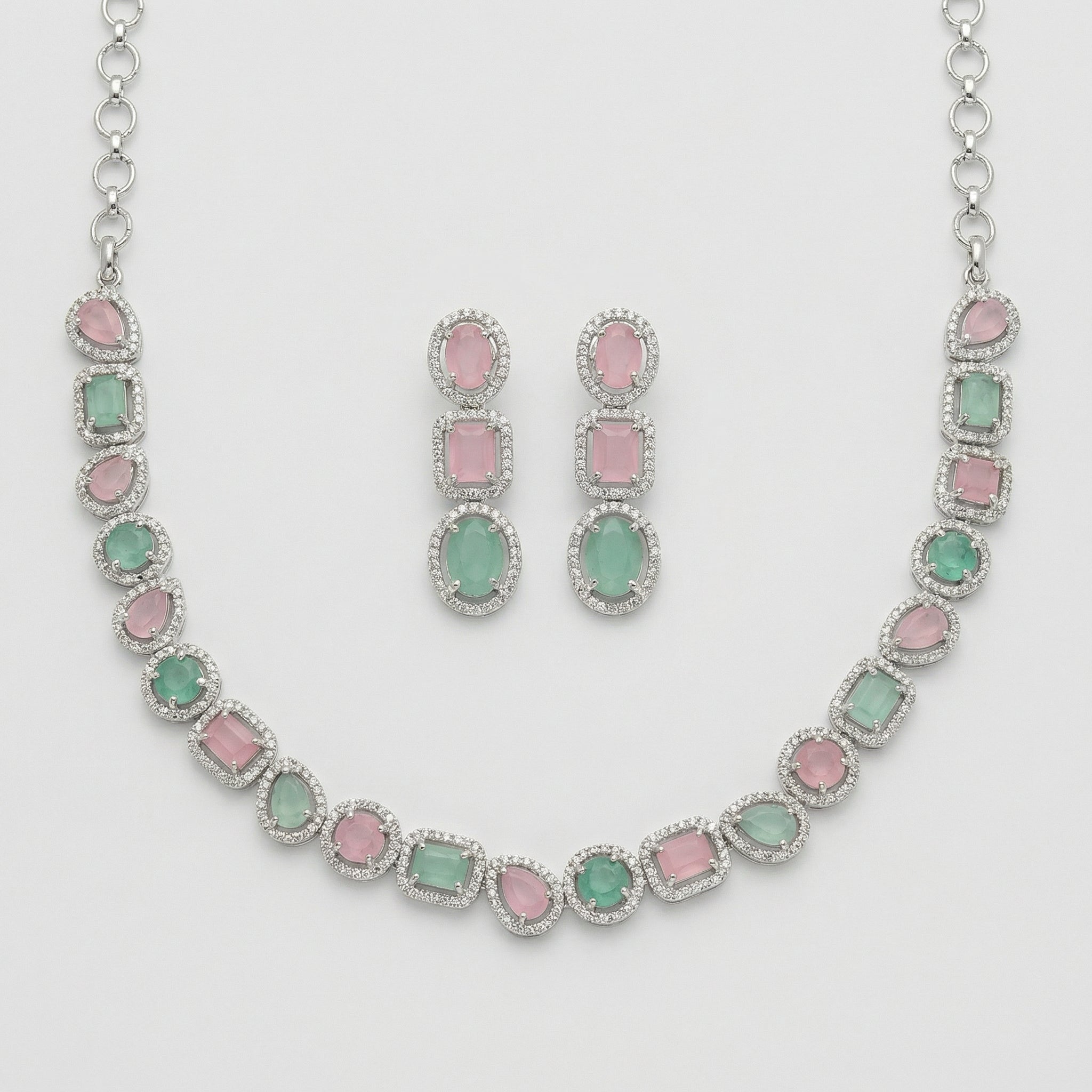 Anya Rose Mint Set silver collar necklace with pink and mint halo stones and matching earrings