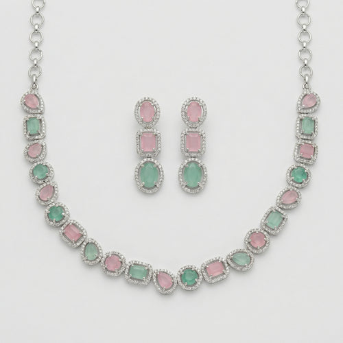 Anya Rose Mint Set silver collar necklace with pink and mint halo stones and matching earrings
