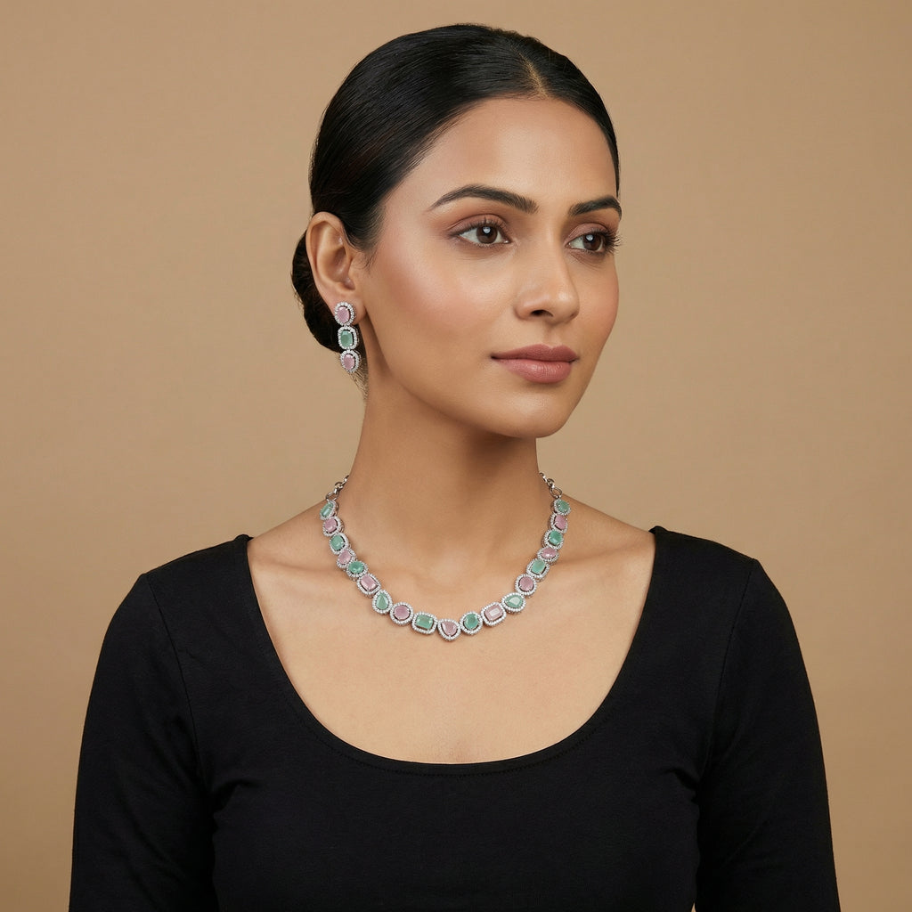 Anya Rose Mint Set detail showing pastel pink and mint green gemstone halos