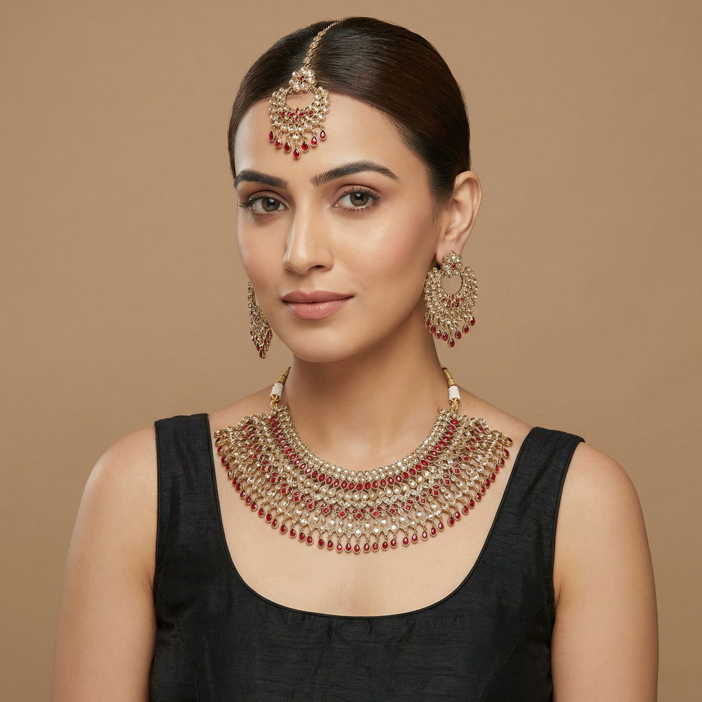 Royal Ruby Kundan Set detail showing ruby teardrop fringe and kundan crystal rows