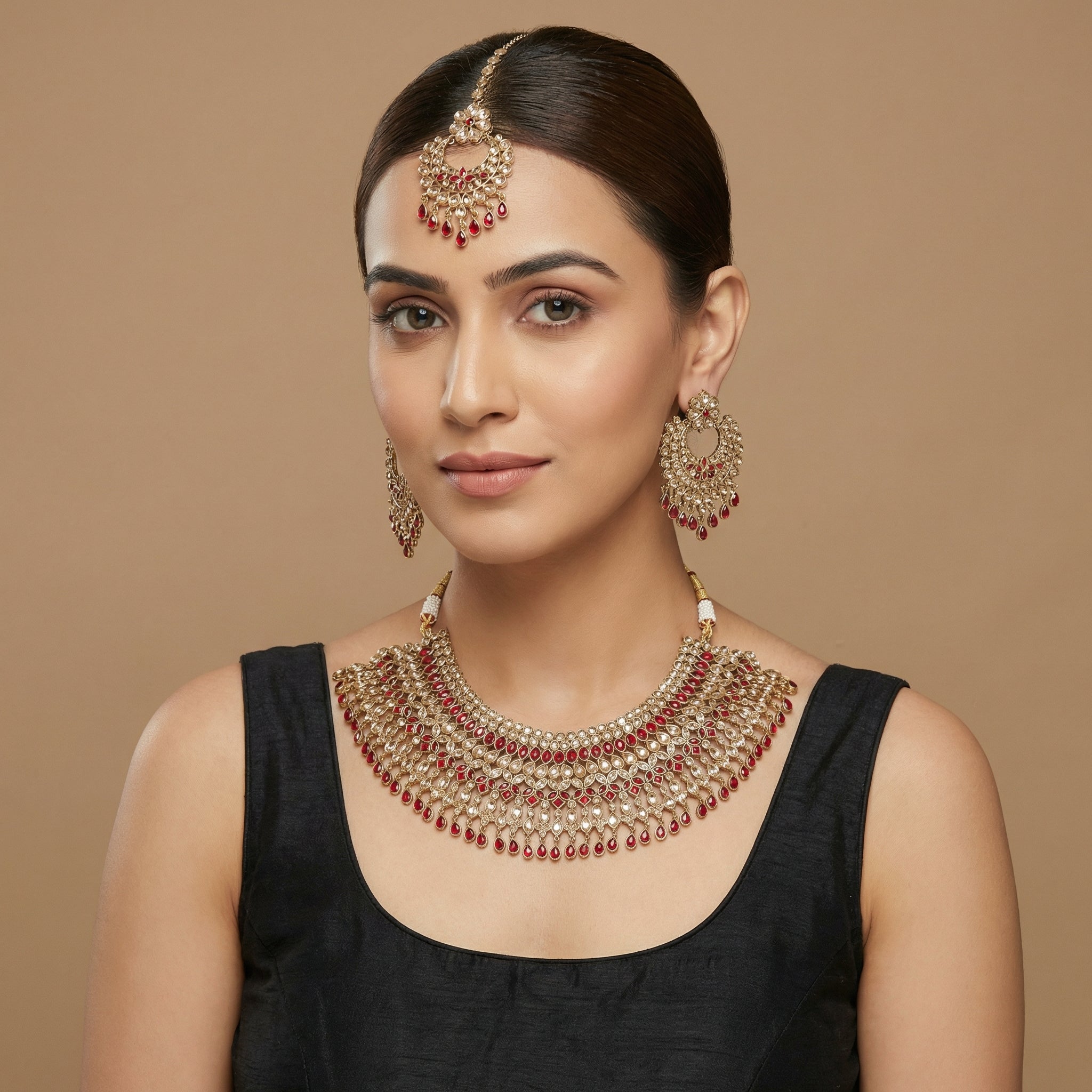 Royal Ruby Kundan Set detail showing ruby teardrop fringe and kundan crystal rows