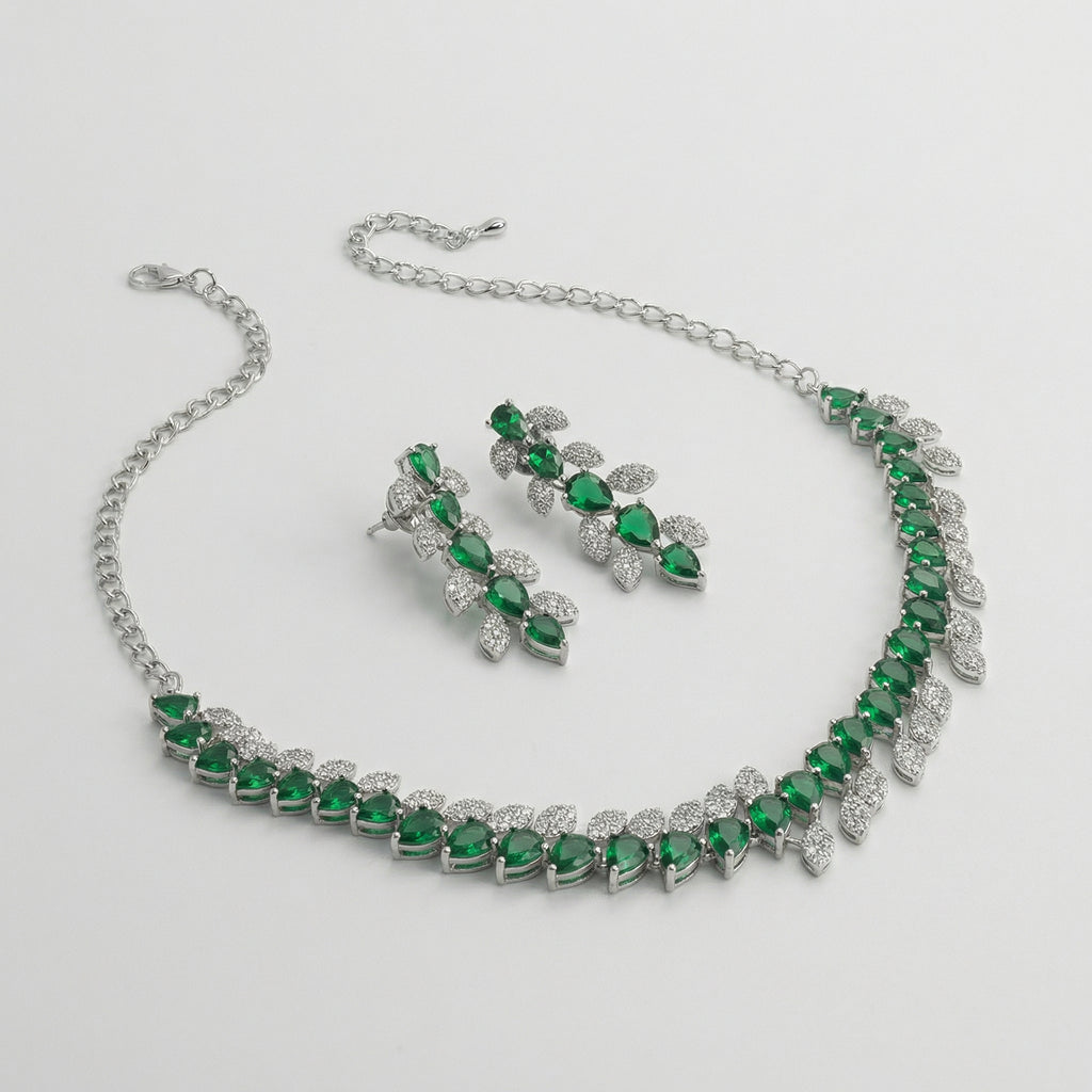 Emerald Vine Necklace Set detail showing emerald green stones and crystal leaf accents