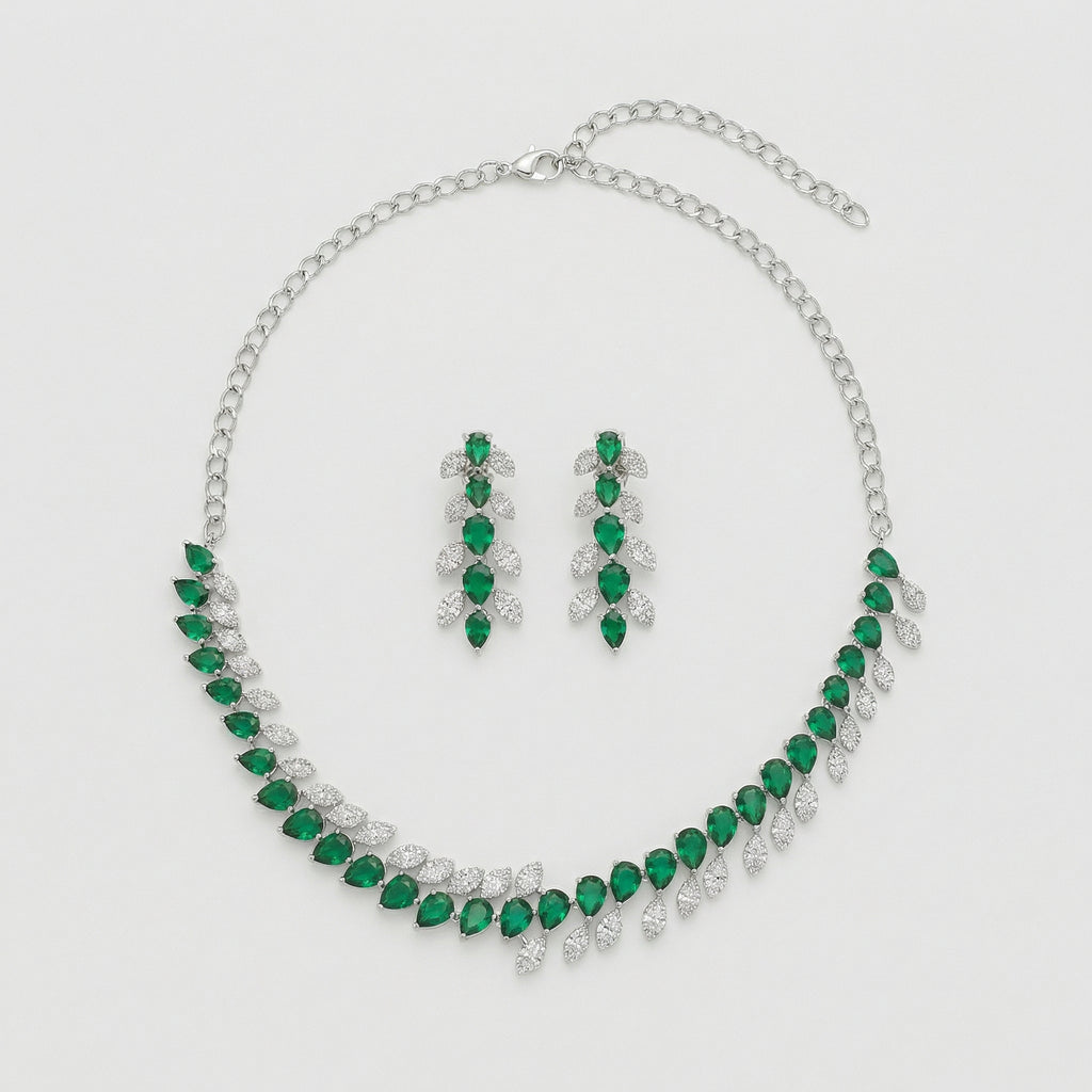 Emerald Vine Necklace Set silver vine collar with emerald pear stones and matching drop earrings