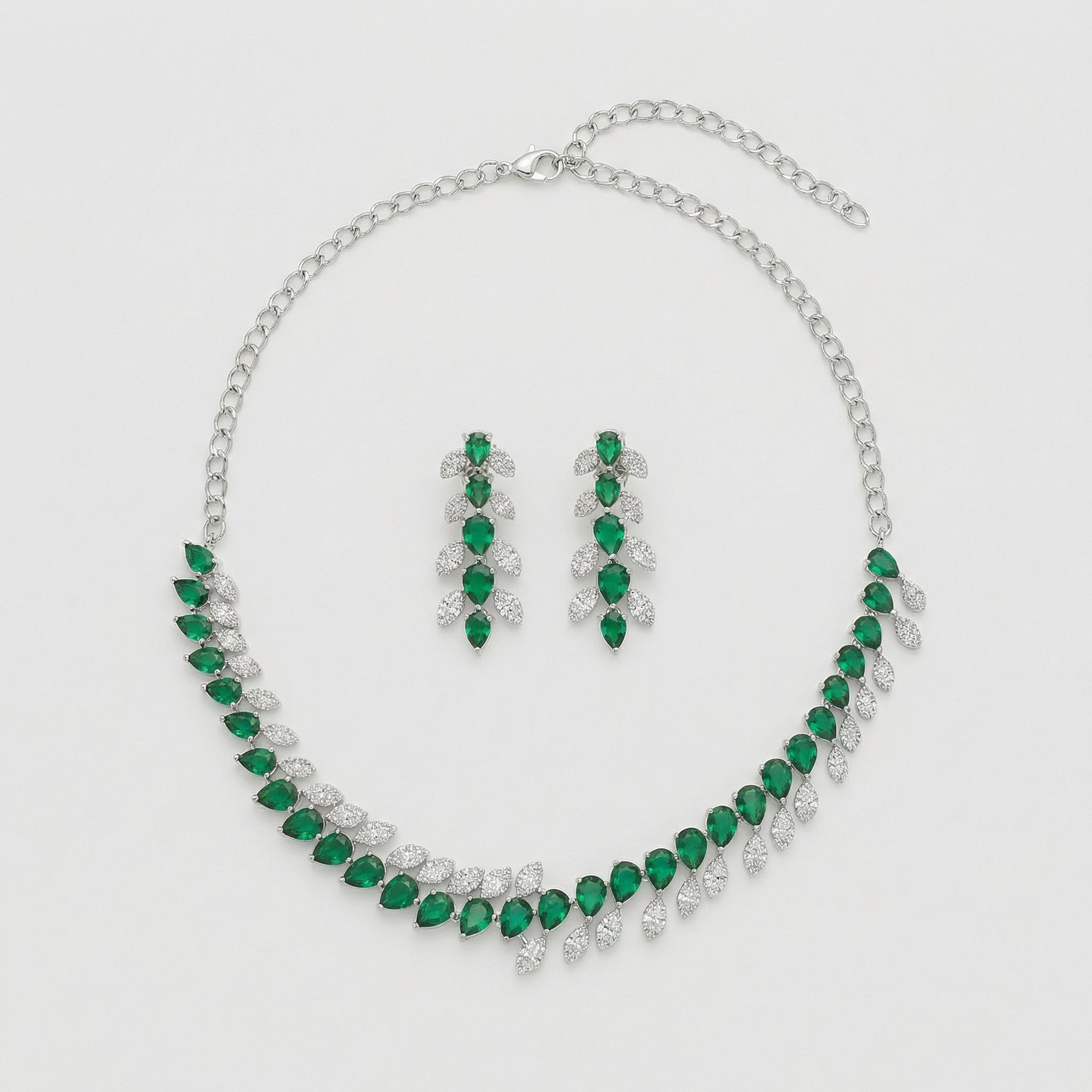 Emerald Vine Necklace Set silver vine collar with emerald pear stones and matching drop earrings