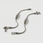 Tribal Silver Payal pair of oxidized silver snake-chain payals with bells