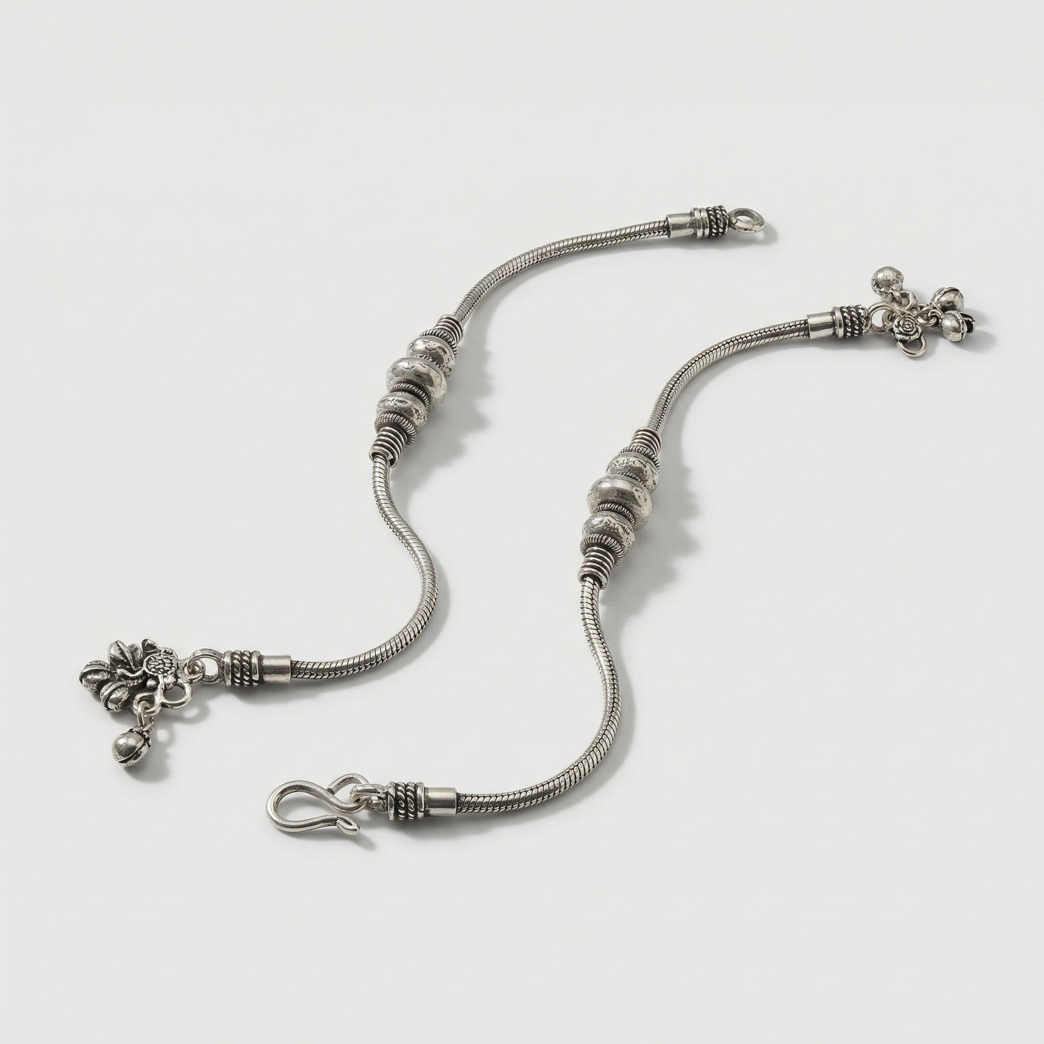Tribal Silver Payal pair of oxidized silver snake-chain payals with bells