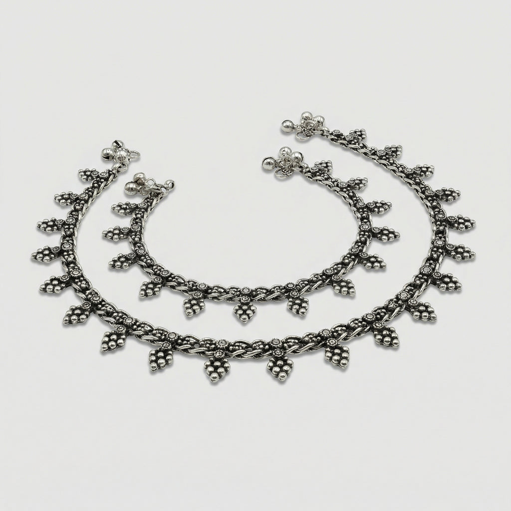 Silver Grapevine Anklets detail showing grapevine leaf fringe and antique finish