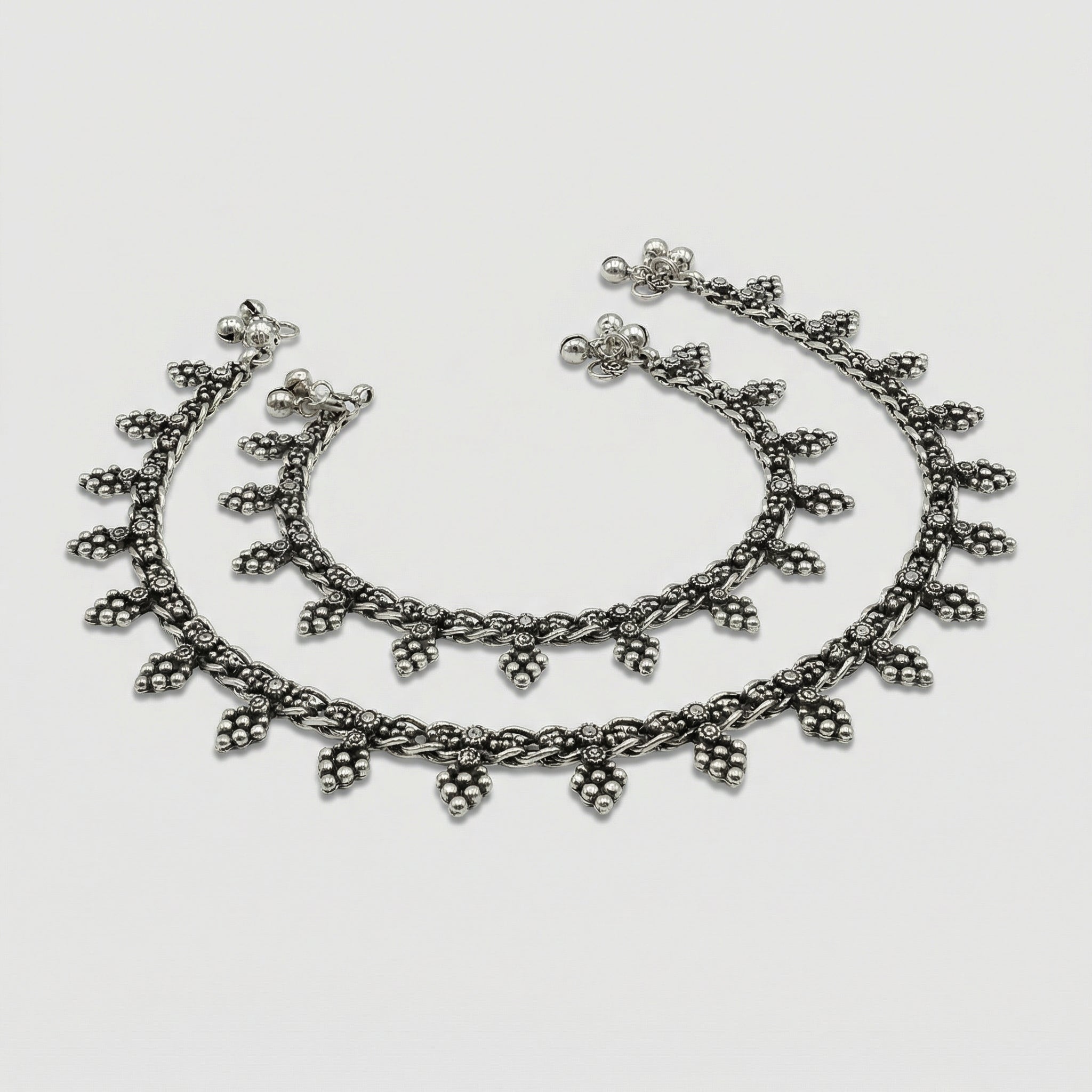 Silver Grapevine Anklets detail showing grapevine leaf fringe and antique finish