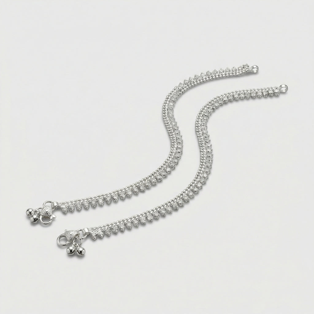 Intricate Silver Payal detail of beaded fringe and ball charms