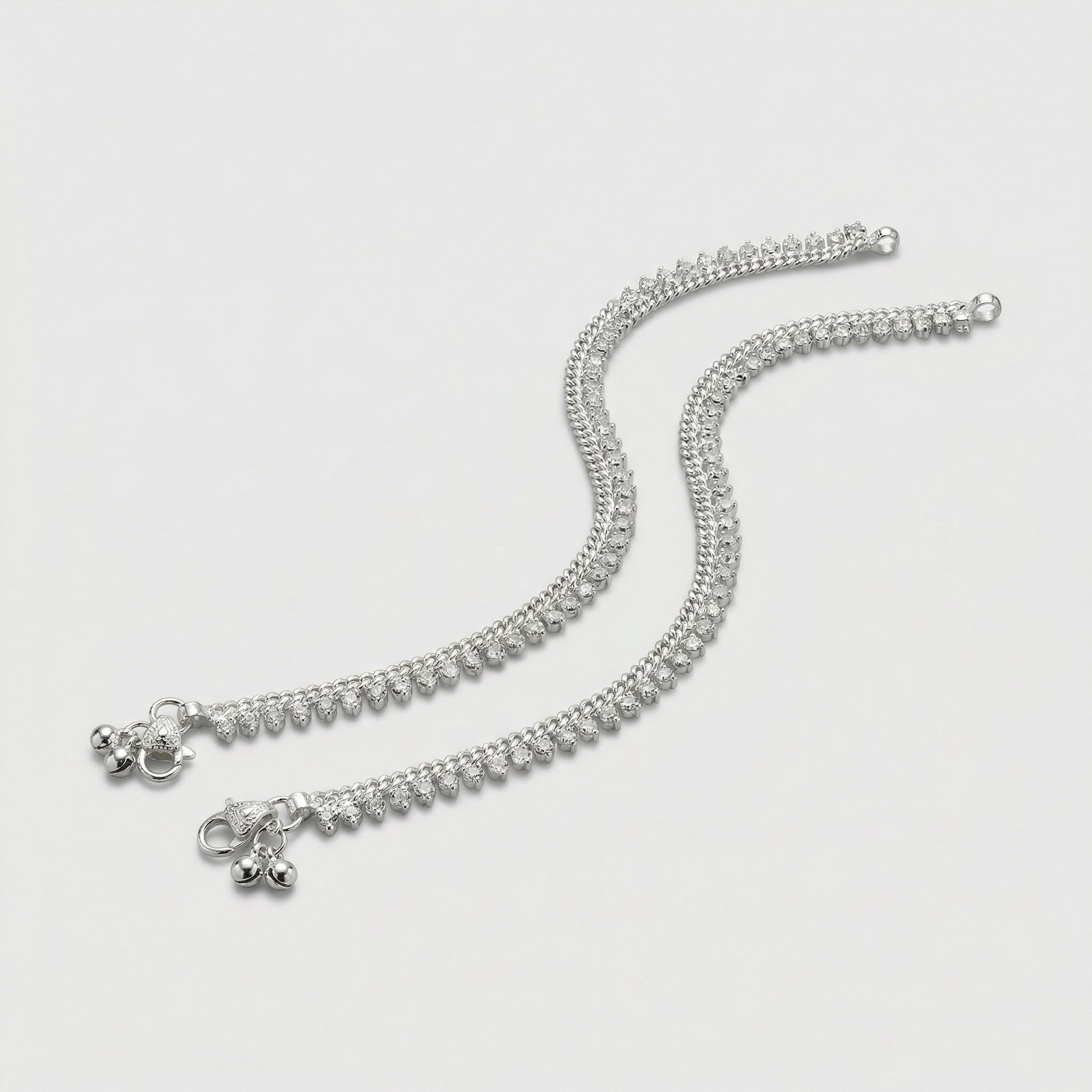 Intricate Silver Payal detail of beaded fringe and ball charms