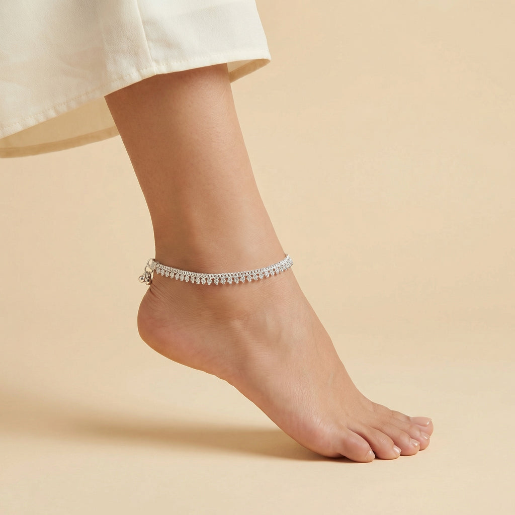 Intricate Silver Payal detail of beaded fringe and ball charms
