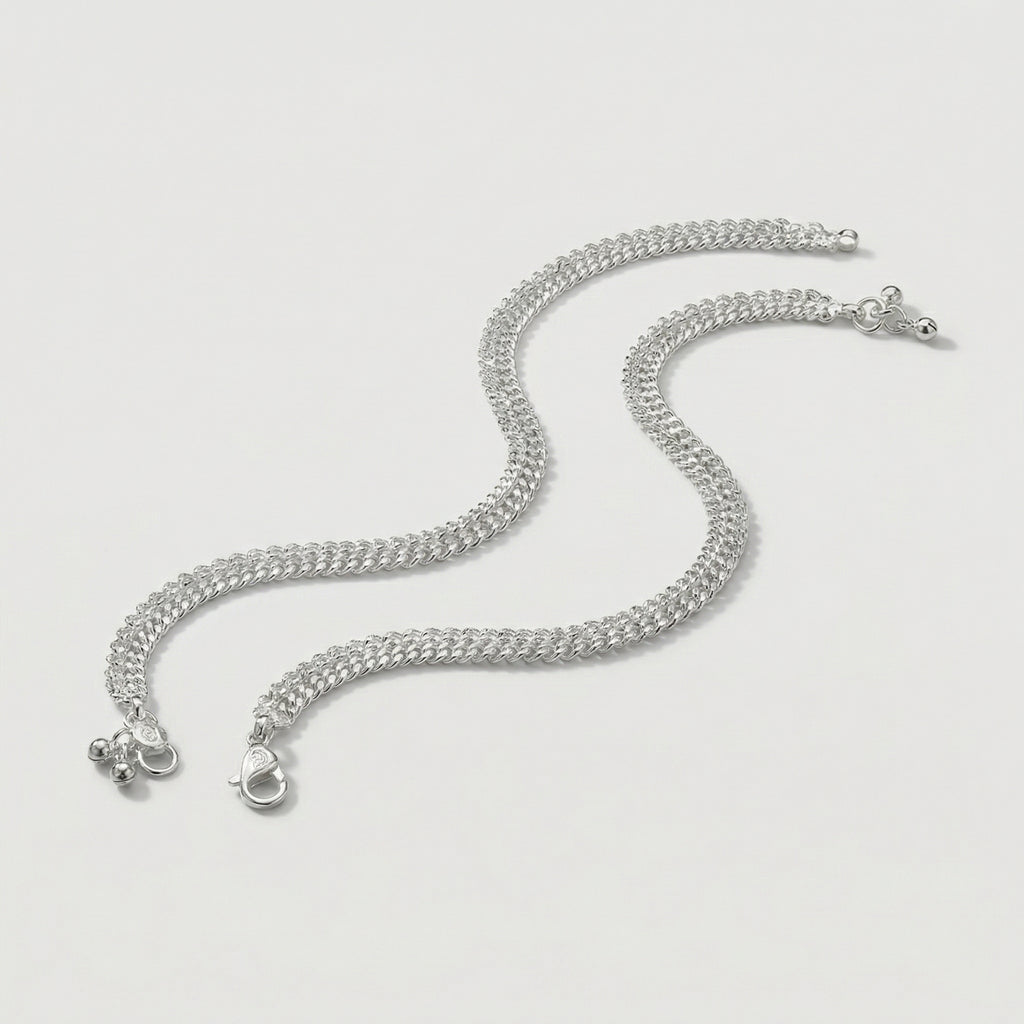 Sterling Sparkle Anklets detail showing lace-edge metalwork and triple bead charms