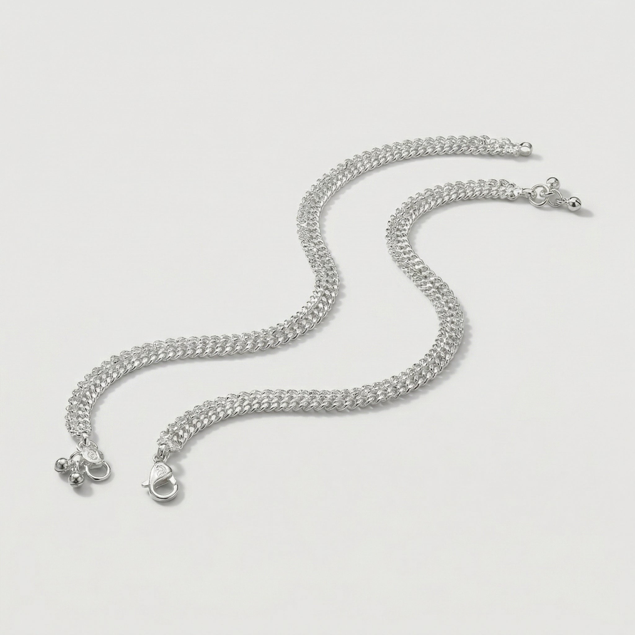 Sterling Sparkle Anklets detail showing lace-edge metalwork and triple bead charms