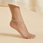 Sterling Sparkle Anklets detail showing lace-edge metalwork and triple bead charms