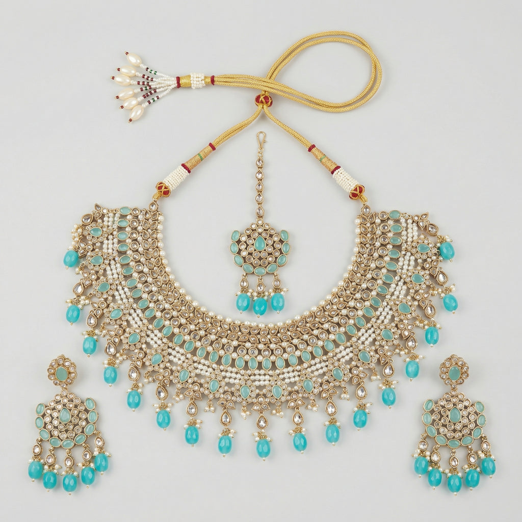 Turquoise Crown Necklace Set necklace detail with crown-inspired turquoise accents and matching earrings, flatlay