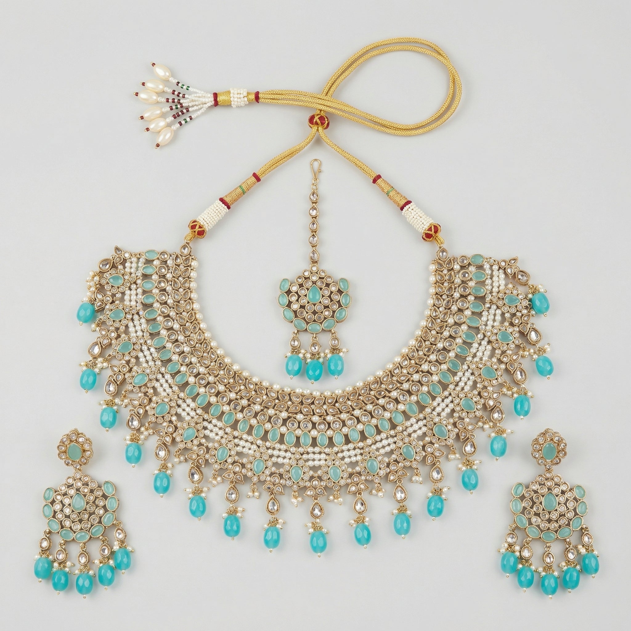 Turquoise Crown Necklace Set necklace detail with crown-inspired turquoise accents and matching earrings, flatlay