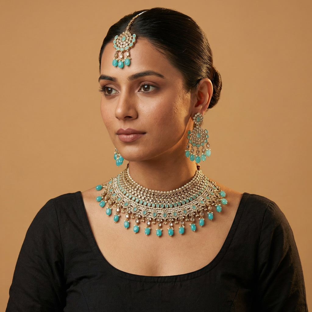 South Asian woman wearing Turquoise Crown Necklace Set with turquoise necklace and earrings — bridal look