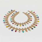 Navrang Kundan Anklets detail of filigree links and rainbow bead fringe