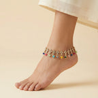 Navrang Kundan Anklets detail of filigree links and rainbow bead fringe