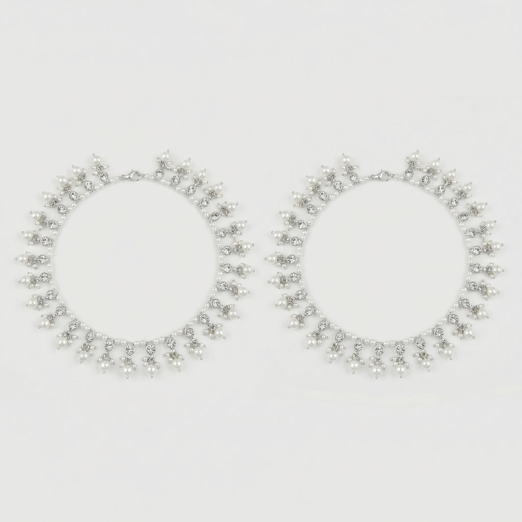 Silver Pearl Payal Set pair of silver-tone pearl and crystal drop payals