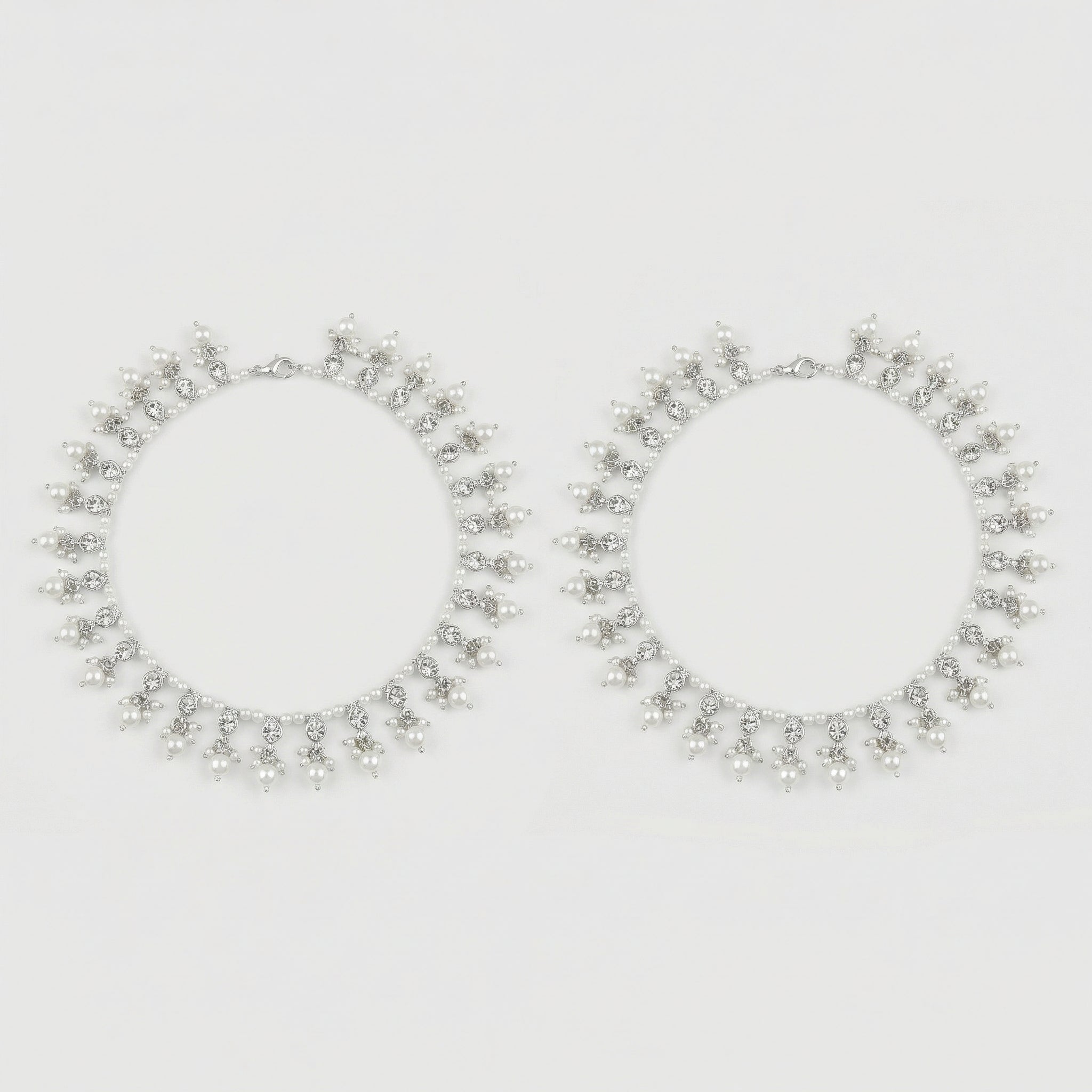 Silver Pearl Payal Set pair of silver-tone pearl and crystal drop payals